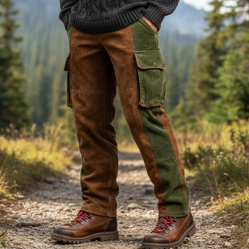 Men's Retro Suede And Corduroy Color-blocked Straight-leg Trousers  MTA1034K6U