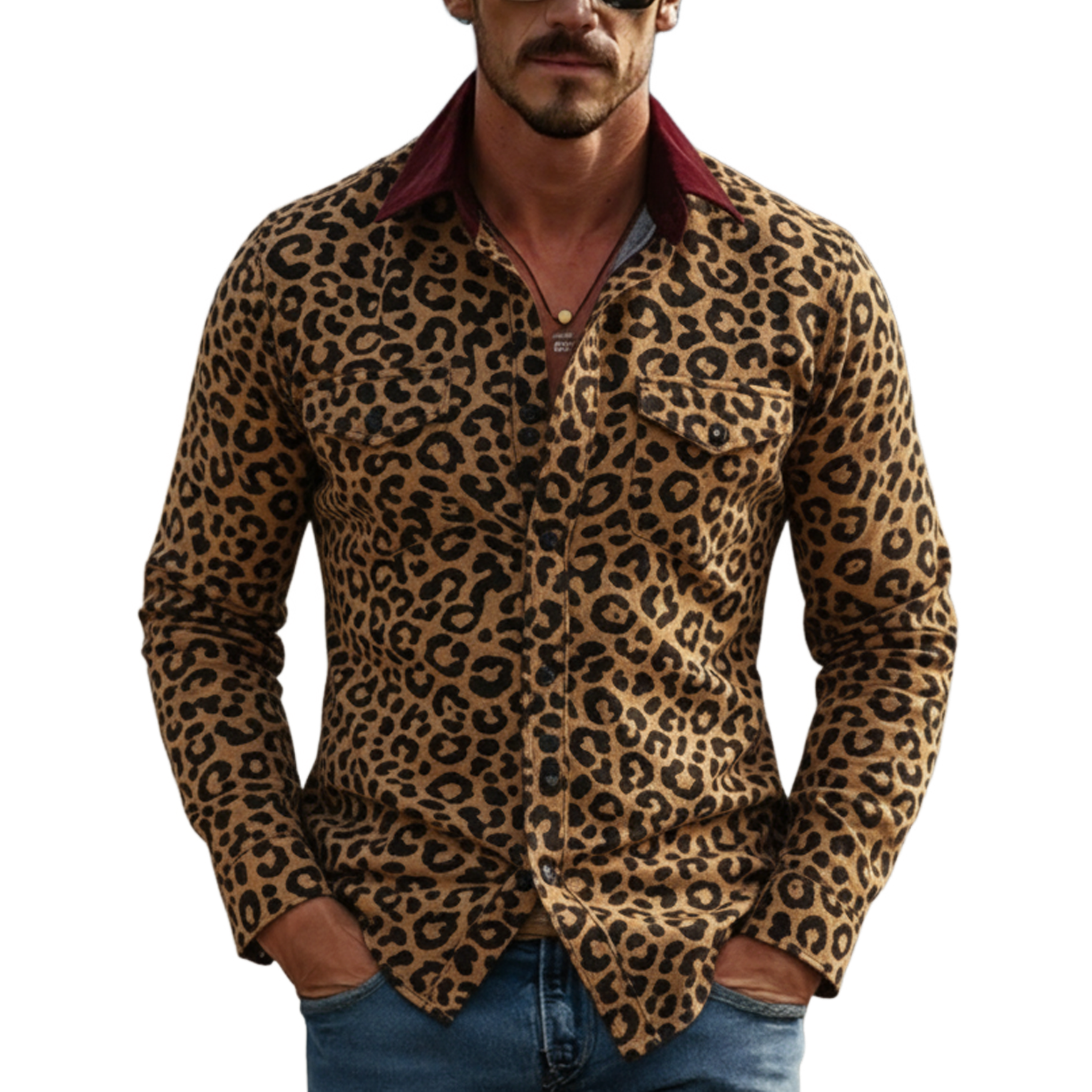 Men's Classic Vintage Corduroy Collar Slim-fit Leopard Print Suede Long-sleeved Shirt MTA2657L0K