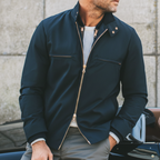 Men's Business Casual Navy Blue Snap-button Collar Zip-up Jacket MTA2675L4U