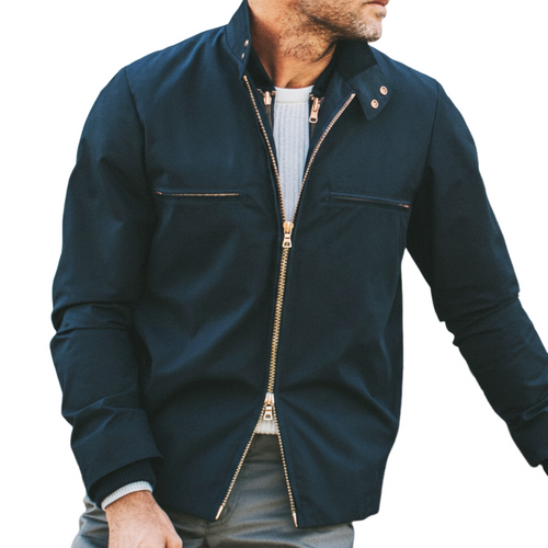 Men's Business Casual Navy Blue Snap-button Collar Zip-up Jacket MTA2675L4U