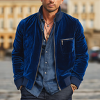Men's Classic Royal Blue Velvet Zip-up Stand-collar Jacket MTA2662L1U