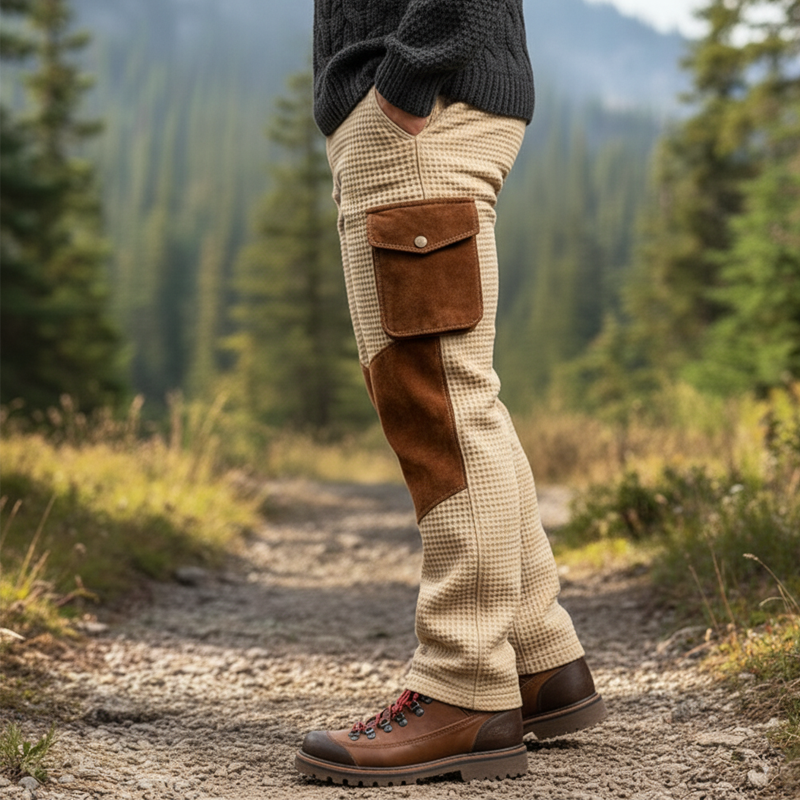 Men's Retro Waffle And Suede Color-blocked Straight-leg Trousers MTA1099K9U