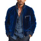 Men's Classic Royal Blue Velvet Zip-up Stand-collar Jacket MTA2662L1U