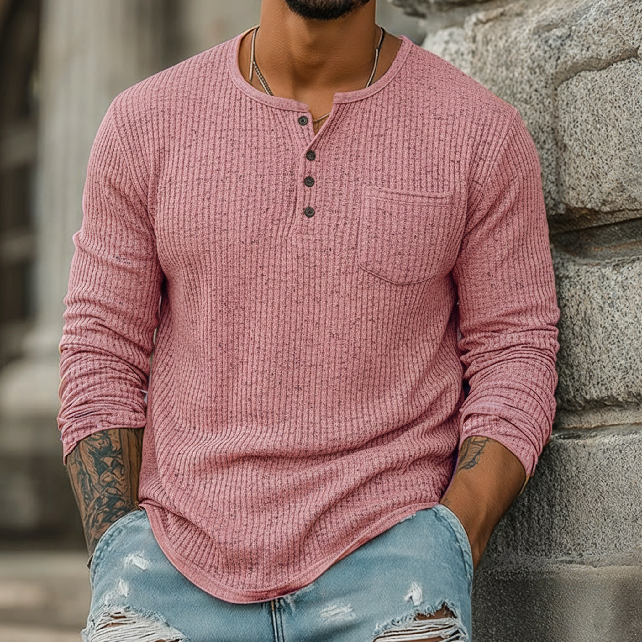 Men's Classic Casual Ribbed Henley Neck Long-sleeved T-shirt MTA2411L1K