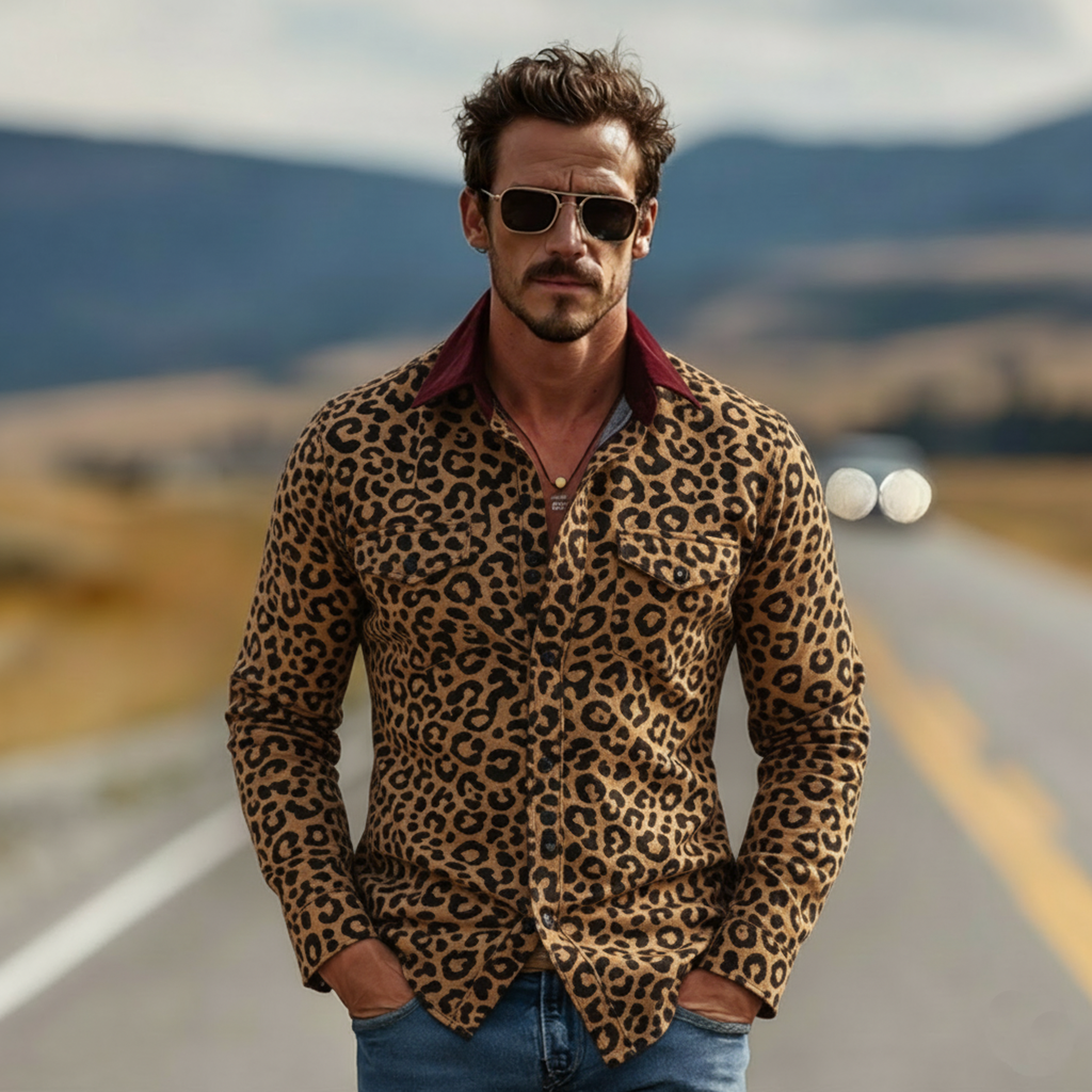 Men's Classic Vintage Corduroy Collar Slim-fit Leopard Print Suede Long-sleeved Shirt MTA2657L0K
