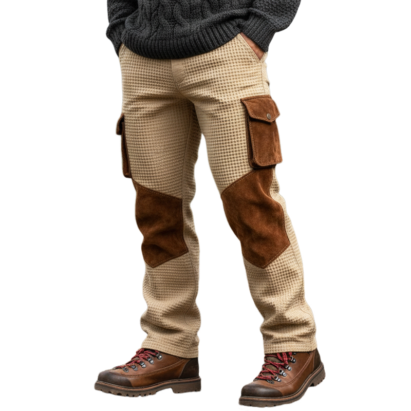 Men's Retro Waffle And Suede Color-blocked Straight-leg Trousers MTA1099K9U