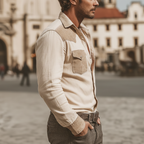 Men's Classic Western-style Cotton And Faux Suede Patchwork Long-sleeved Shirt MTA2543L0U