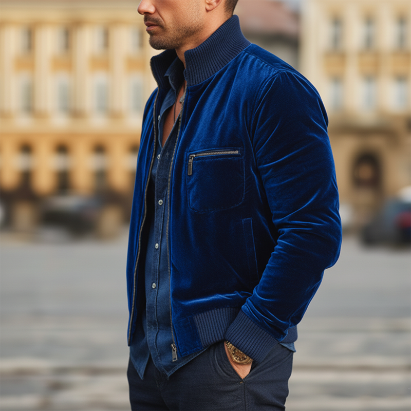 Men's Classic Royal Blue Velvet Zip-up Stand-collar Jacket MTA2662L1U
